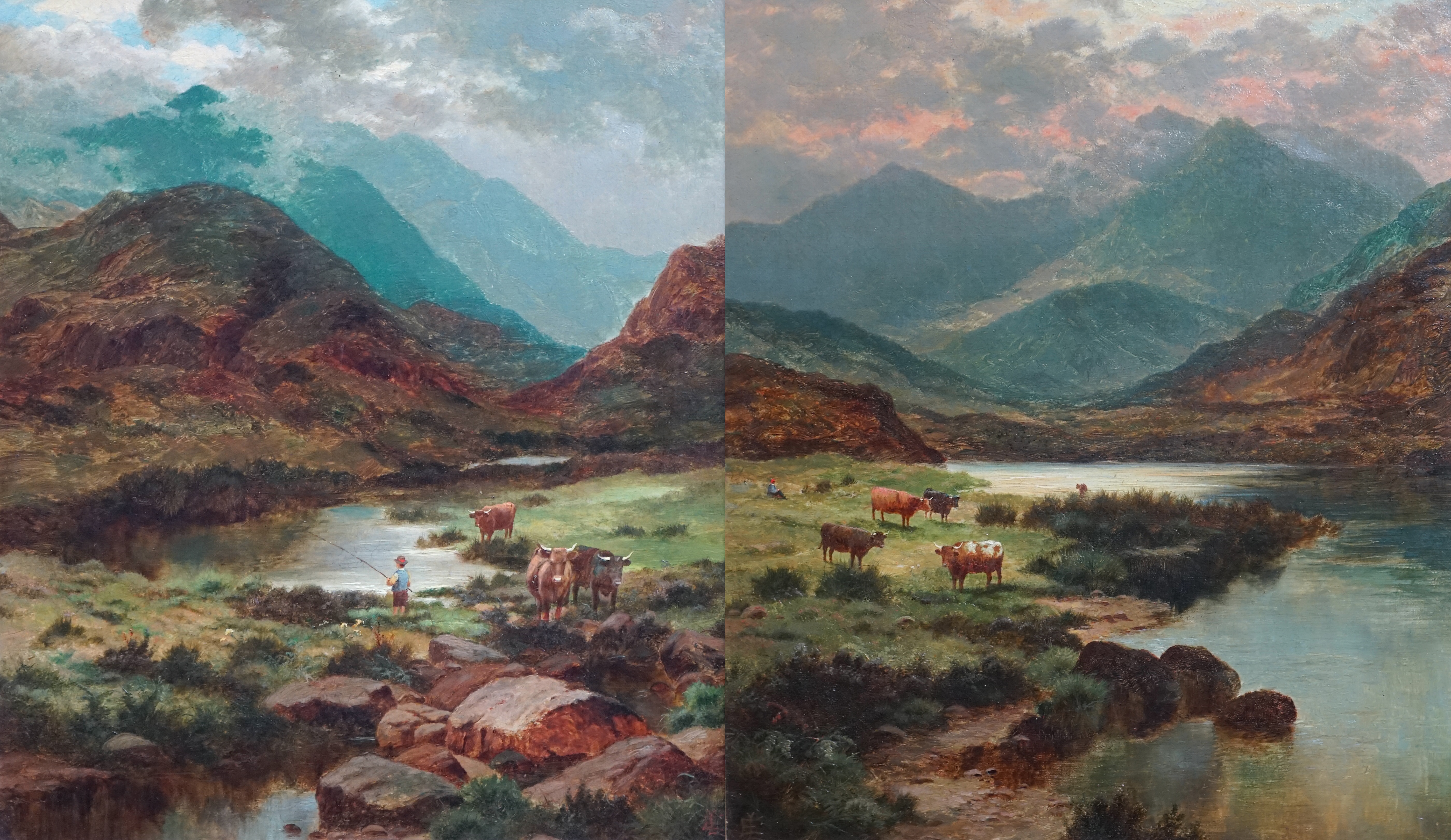 Edgar Longstaffe (British, 1852-1933), Highland landscapes with cattle and angler, oil on canvas, a pair, 35 x 30cm